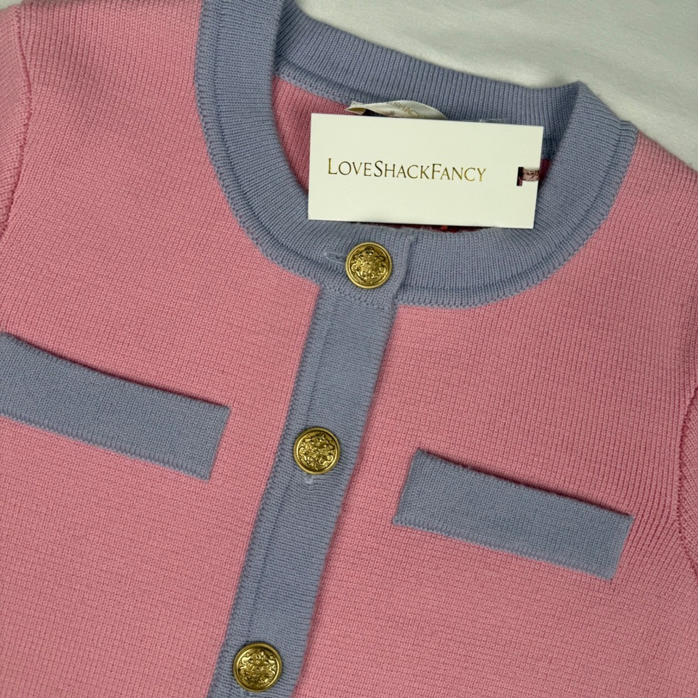 LoveShackFancy Elif Cardigan Sweater Pink Lavender 100% Wool Gold Button Women M - Picture 2 of 11